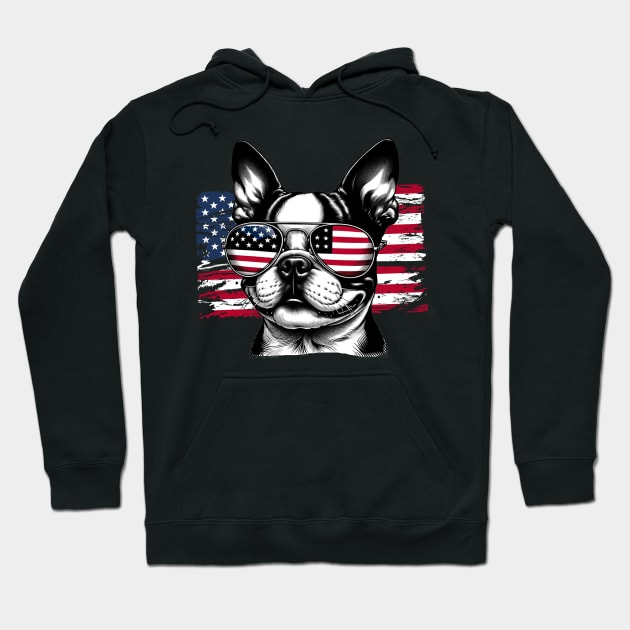 Boston Terrier Patriotic Sunglasess American Flag 4th of July Hoodie by karishmamakeia